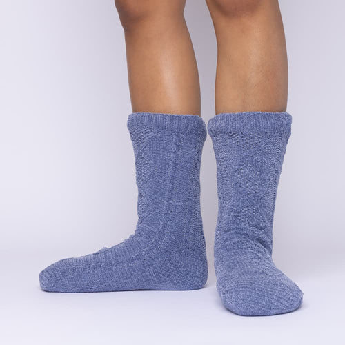 The Foozie™ Move in Blue, front view of both feet showing the diamond cable knit