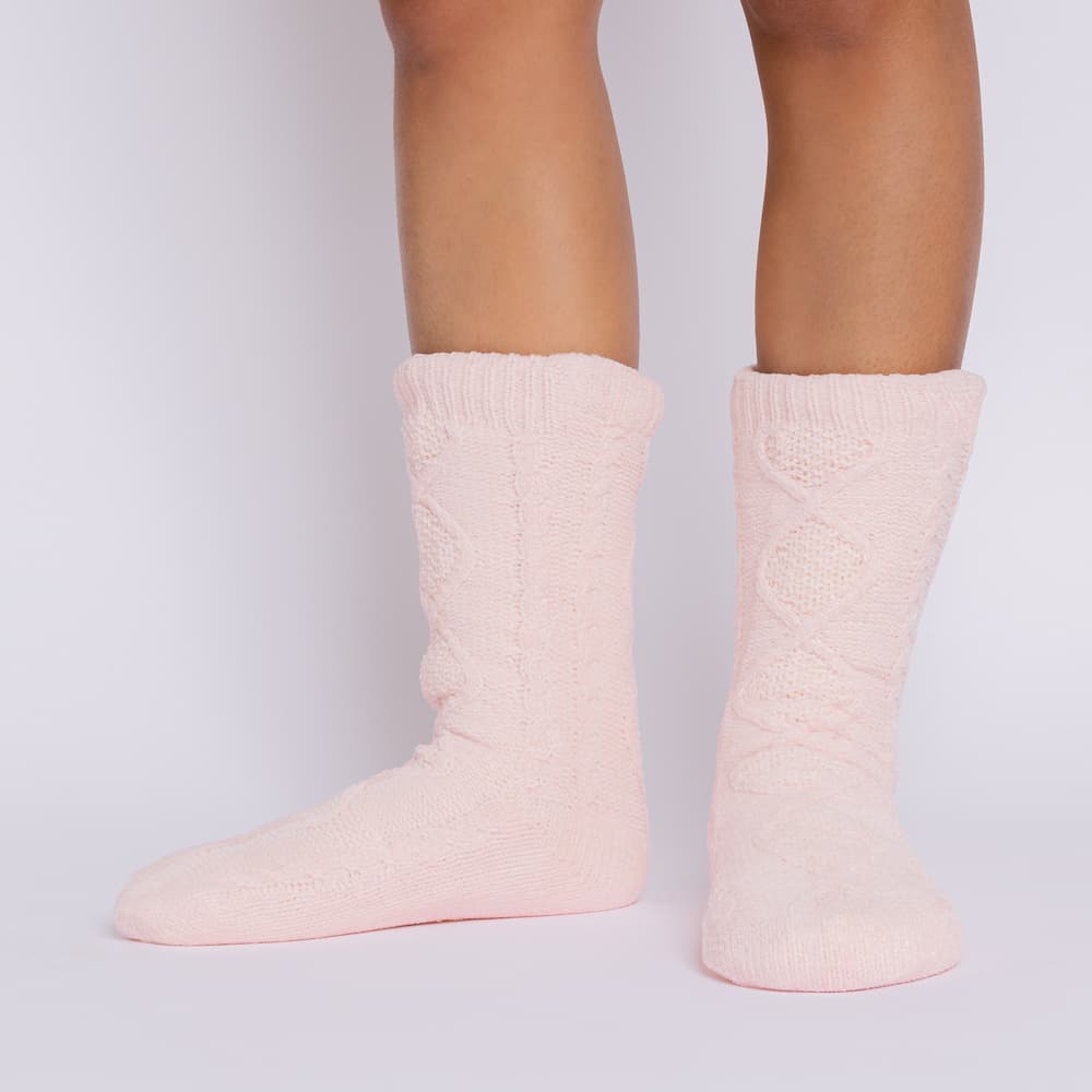 The Foozie™ Move in Pink, front view of both feet showing the diamond cable knit