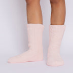 The Foozie™ Move in Pink, front view of both feet showing the diamond cable knit
