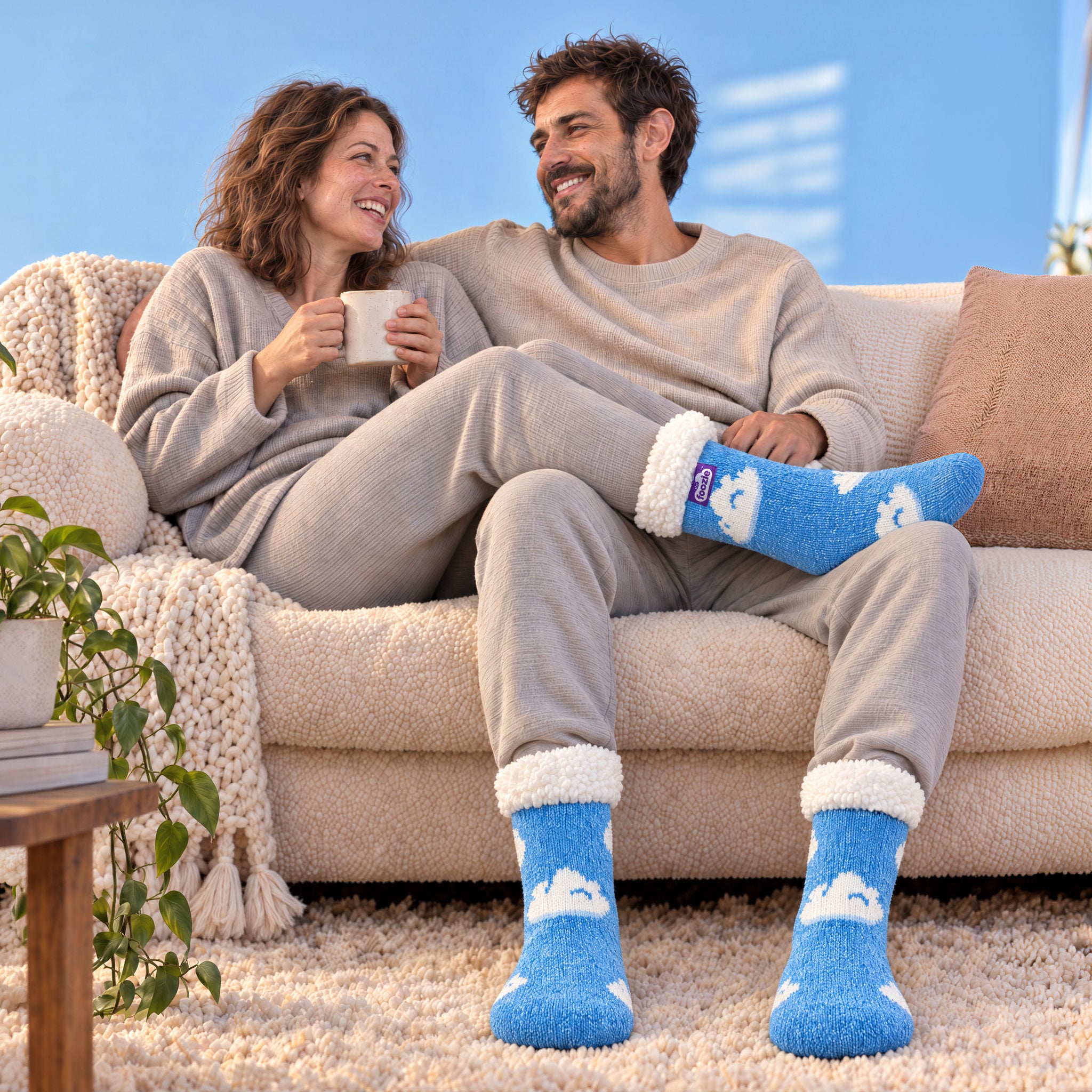 The Foozie™ Cloud slipper socks, worn on the sofa