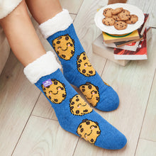 Load image into Gallery viewer, The Foozie™ Cookie slipper socks, with cookies and a book
