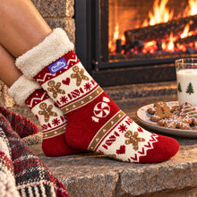 Load image into Gallery viewer, The Foozie™ Christmas Gingerbread slipper socks, by the fire
