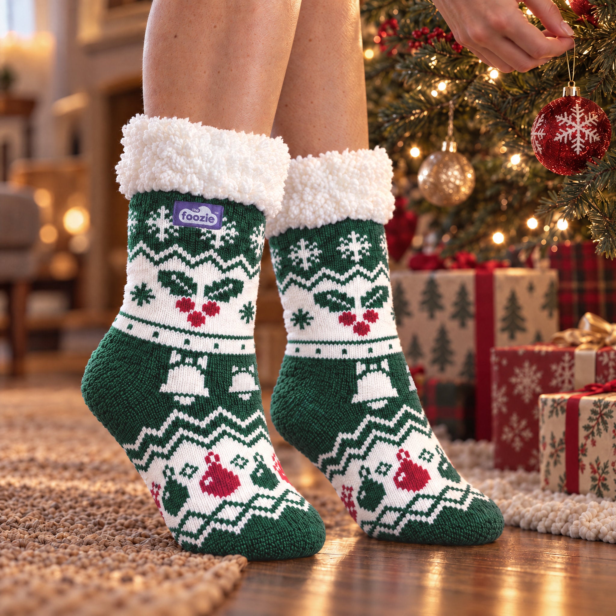 The Foozie™ Christmas Holly slipper socks, by the Christmas tree