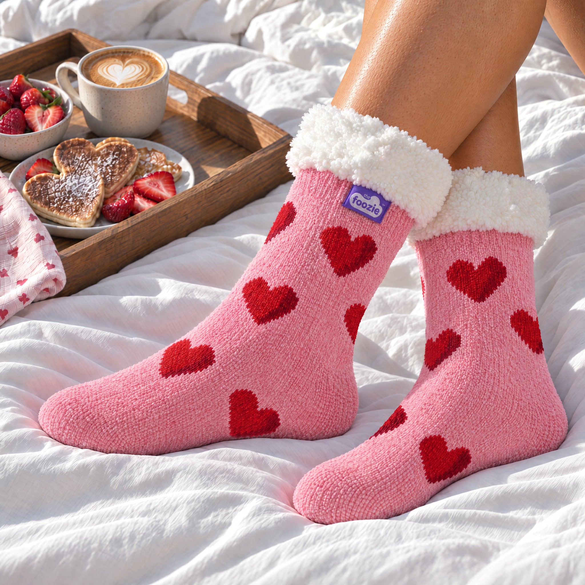 The Foozie™ Love Heart slipper socks, at breakfast