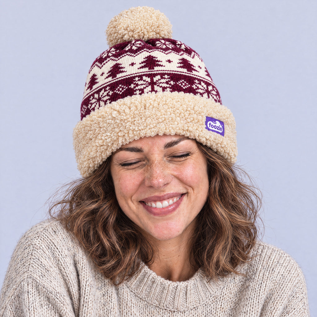 The Foozie™ Nordic Christmas Beanie, worn by a woman