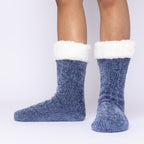 The Foozie™ in Blue, front view of both feet worn in Medium with the sherpa cuffs folded down